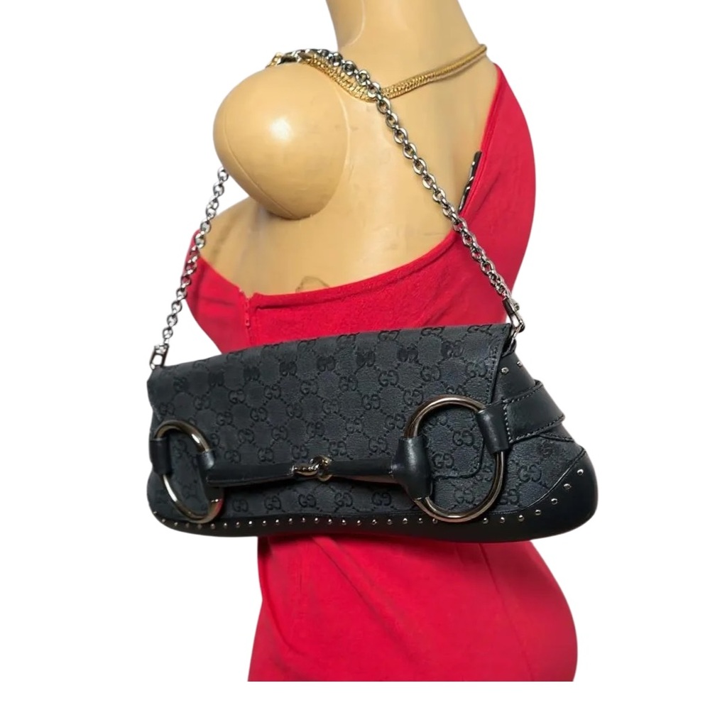Vintage Gucci Black Horsebit  Monogram Shoulder Bag with Chain Strap - Picture 3 of 9